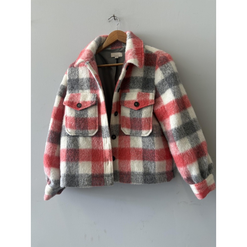 LOFT Jacket Womens Medium Multicolor Plaid Fleece Button Front Cropped Warm